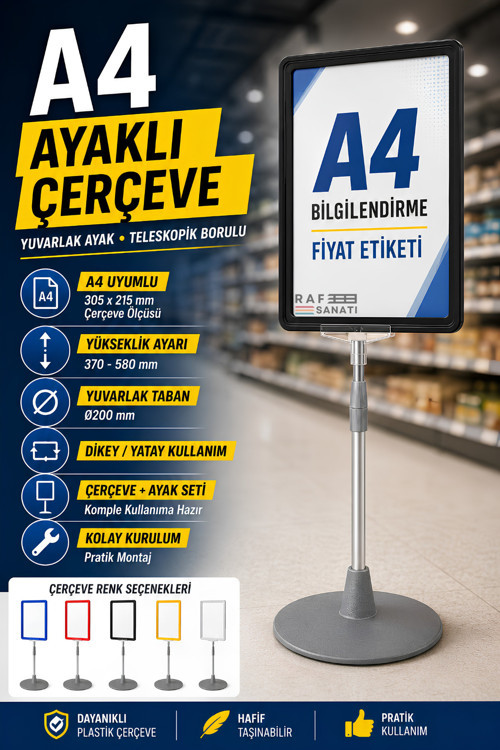 A4 Ayaklı Çerçeve Seti Yuvarlak Tabanlı Teleskopik Fiyat Etiketi Standı Siyah