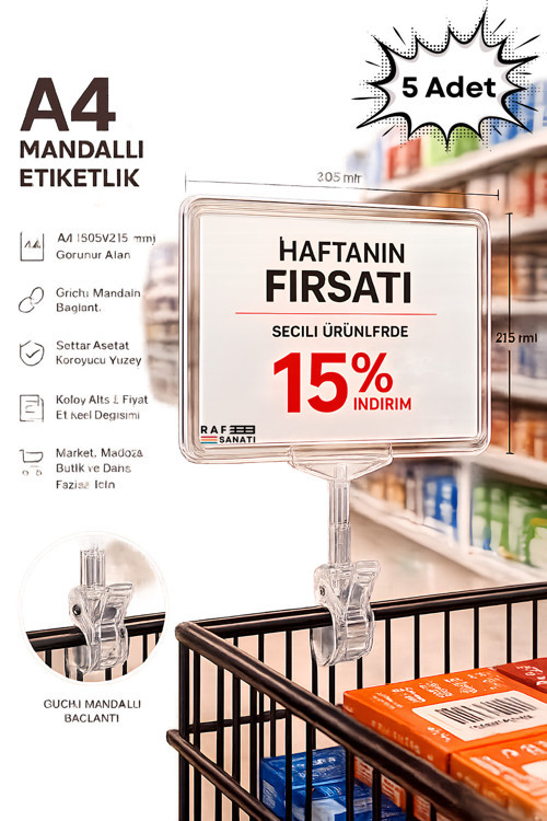 5 Adet - A4 Mandallı Fiyatlık | Etiketlik Sepet Raf Askılık Fiyat Etiketi Çerçeveli Market Mağaza Şeffaf