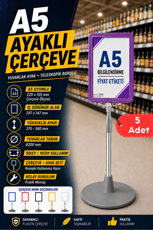 5 Adet - A5 Ayaklı Menü ve Fiyat Bilgi Standı Yuvarlak Tabanlı Teleskopik Çerçeve Etiketlik Mor