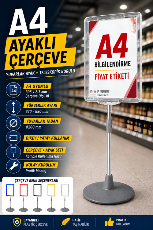 A4 Ayaklı Çerçeve Seti Yuvarlak Tabanlı Teleskopik Fiyat Etiketi Standı Şeffaf