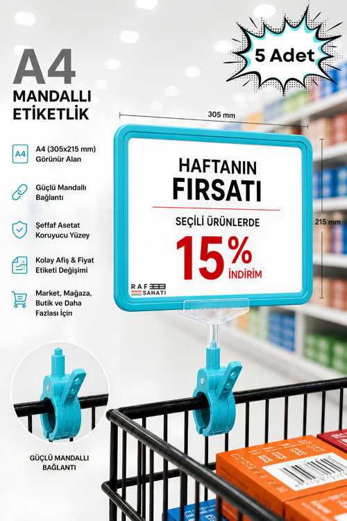 5 Adet - A4 Mandallı Fiyatlık | Etiketlik Sepet Raf Askılık Fiyat Etiketi Çerçeveli Market Mağaza Turkuaz