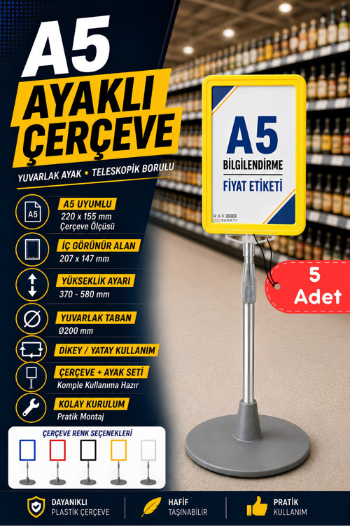 5 Adet - A5 Ayaklı Menü ve Fiyat Bilgi Standı Yuvarlak Tabanlı Teleskopik Çerçeve Etiketlik Sarı