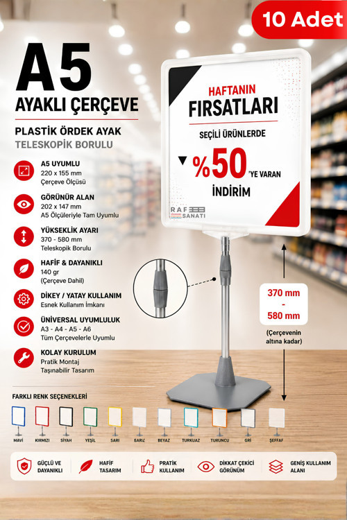 10 Adet - A5 Ayaklı Çerçeve Seti Plastik Ördek Ayak Teleskopik Borulu Fiyat Etiketliği Yönlendirme Levhası Menü Panosu Beyaz