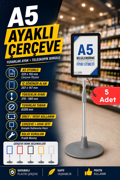 5 Adet - A5 Ayaklı Menü ve Fiyat Bilgi Standı Yuvarlak Tabanlı Teleskopik Çerçeve Etiketlik Siyah