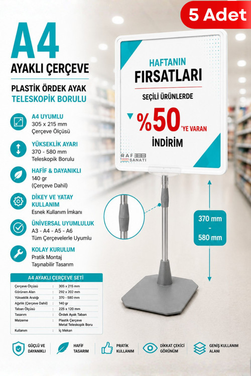 5 Adet - A4 Ayaklı Fiyat Etiketlik Teleskopik Borulu Çerçeve Etiketlik Yönlendirme Levhası Menü Panosu Beyaz