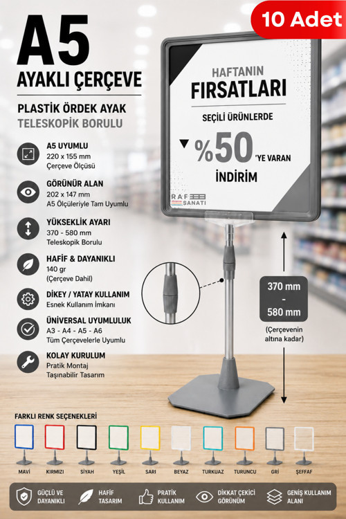10 Adet - A5 Ayaklı Çerçeve Seti Plastik Ördek Ayak Teleskopik Borulu Fiyat Etiketliği Yönlendirme Levhası Menü Panosu Gri
