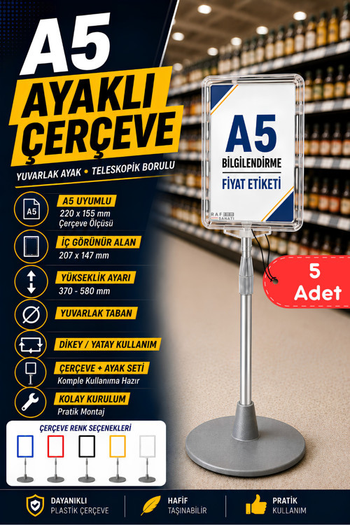 5 Adet - A5 Ayaklı Menü ve Fiyat Bilgi Standı Yuvarlak Tabanlı Teleskopik Çerçeve Etiketlik Şeffaf