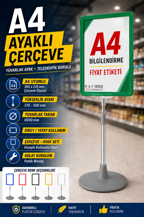 A4 Ayaklı Çerçeve Seti Yuvarlak Tabanlı Teleskopik Fiyat Etiketi Standı Yeşil