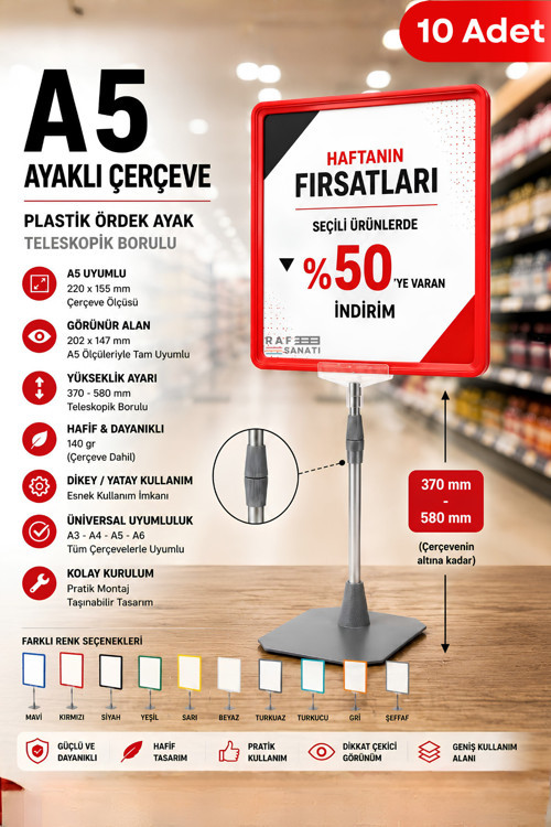 10 Adet - A5 Ayaklı Çerçeve Seti Plastik Ördek Ayak Teleskopik Borulu Fiyat Etiketliği Yönlendirme Levhası Menü Panosu Kırmızı