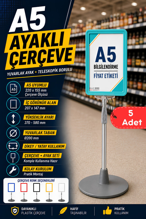 5 Adet - A5 Ayaklı Menü ve Fiyat Bilgi Standı Yuvarlak Tabanlı Teleskopik Çerçeve Etiketlik Turkuaz