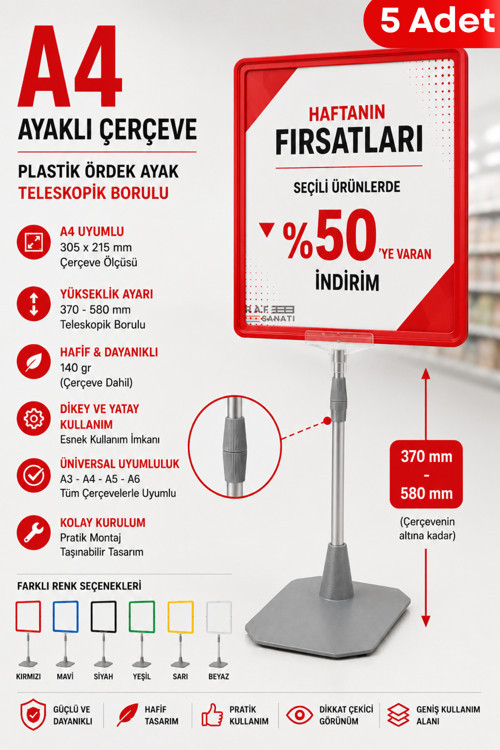 5 Adet - A4 Ayaklı Fiyat Etiketlik Teleskopik Borulu Çerçeve Etiketlik Yönlendirme Levhası Menü Panosu Kırmızı