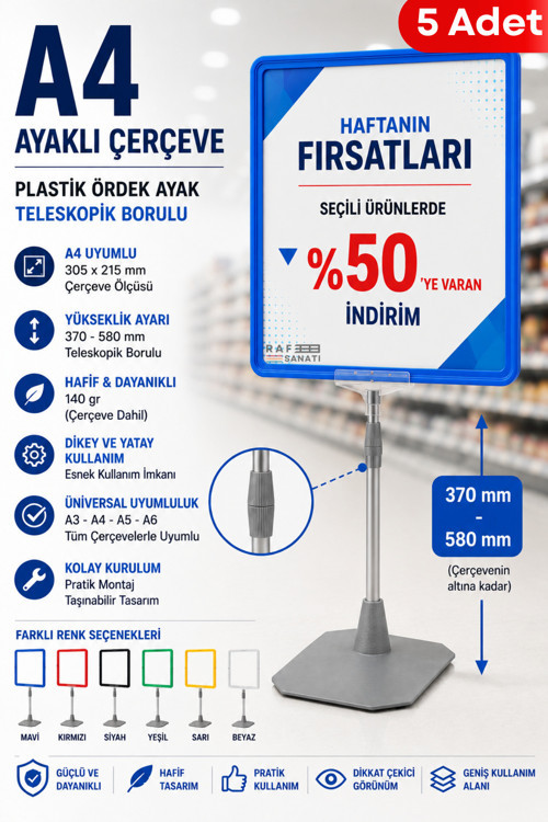 5 Adet - A4 Ayaklı Fiyat Etiketlik Teleskopik Borulu Çerçeve Etiketlik Yönlendirme Levhası Menü Panosu Mavi