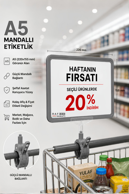 A5 Mandallı Etiketlik | Fiyatlık Sepet Raf Askılık Fiyat Etiketi Çerçeveli Market Mağaza Gri
