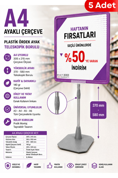 5 Adet - A4 Ayaklı Fiyat Etiketlik Teleskopik Borulu Çerçeve Etiketlik Yönlendirme Levhası Menü Panosu Mor