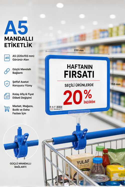 A5 Mandallı Etiketlik | Fiyatlık Sepet Raf Askılık Fiyat Etiketi Çerçeveli Market Mağaza Mavi