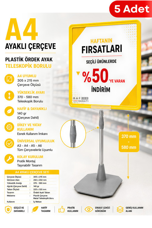 5 Adet - A4 Ayaklı Fiyat Etiketlik Teleskopik Borulu Çerçeve Etiketlik Yönlendirme Levhası Menü Panosu Sarı