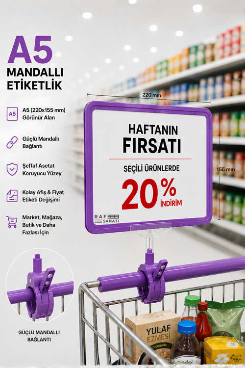 A5 Mandallı Etiketlik | Fiyatlık Sepet Raf Askılık Fiyat Etiketi Çerçeveli Market Mağaza Mor