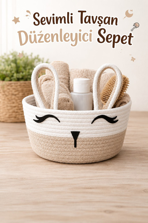 MiniBunny Jüt İp Bej Sevimli Tavşan Düzenleyici Sepet Organizer 20x12 CM