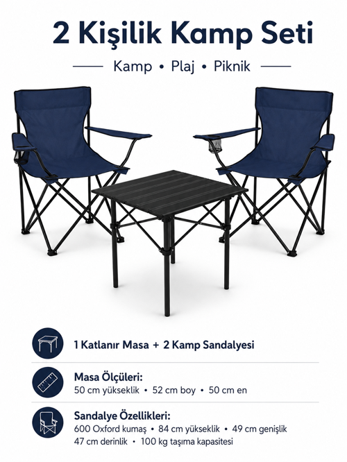 2 Sandalyeli Katlanır Kamp Seti 52 cm Masa ve Sandalye