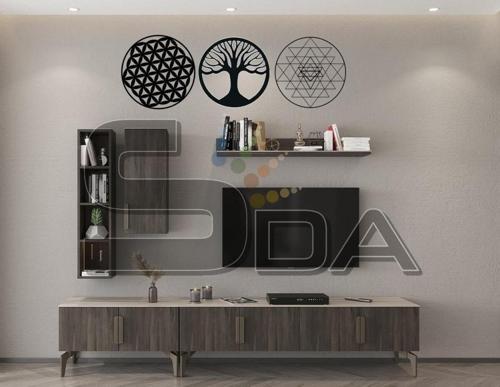3’lü Tablo Spiritüel Semboller Yaşam Çiçeği-Hayat Ağacı-Sri Yantra Tablo , MDF , 30cm, Siyah