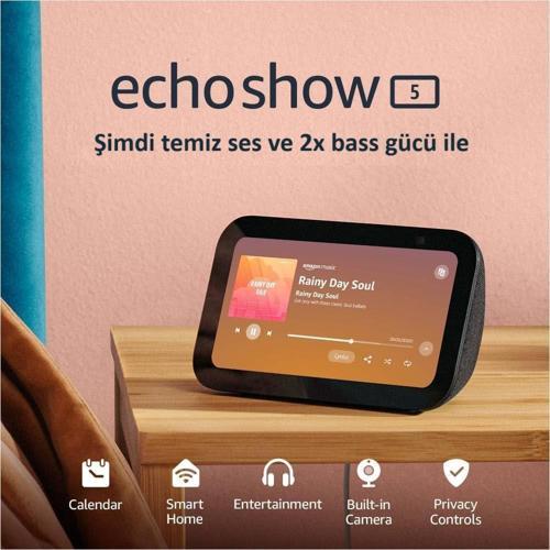 Echo Show 5 (3. Nesil, 2023 sürümü) | 2 kat daha fazla bas ve daha net ses ile akıllı ekran |