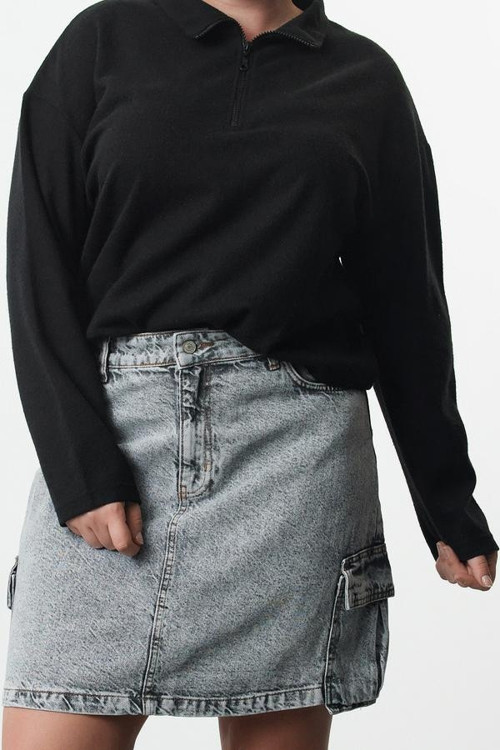 Büyük Beden Tarz Regular Dik Yaka Düşük Kol Crop Fermuarlı Selanik İnce Örme Sweatshirt