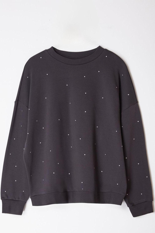 Büyük Beden Tarz Oversize Bisiklet Yaka Düşük Kol Regular Kalın Zımba Detaylı Örme Sweatshirt