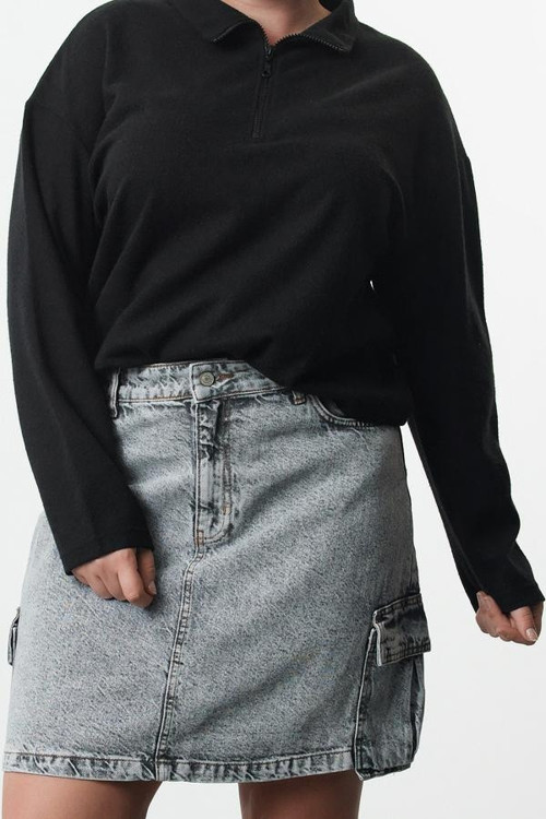 Büyük Beden Tarz Regular Dik Yaka Düşük Kol Crop Fermuarlı Selanik İnce Örme Sweatshirt