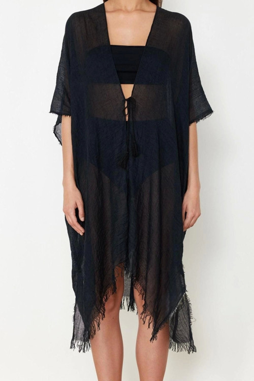 Moda Dokuma Rahat Kalıp Standart V Yaka Standart Kol Aerobin Basic Düz Desen Kimono Kaftan