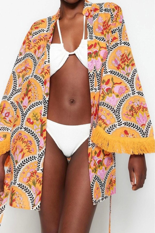 Moda Dokuma Regular Kalıp Crop V Yaka İspanyol Kol Vual Basic Çiçekli Desen Kimono Kaftan