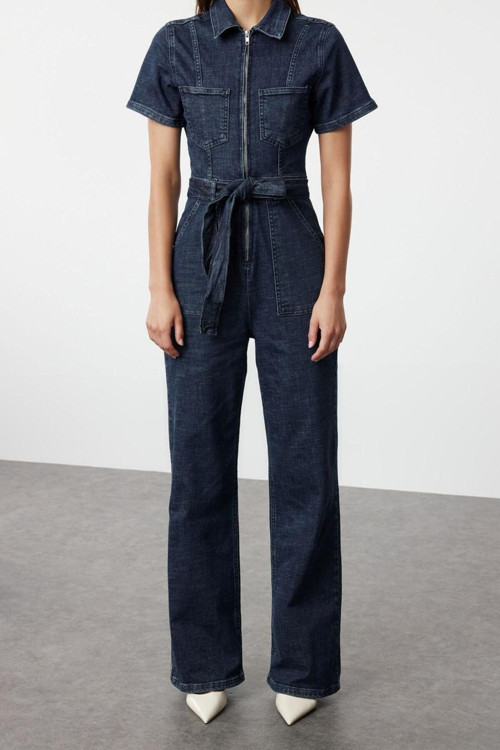 Kadın Moda Standart Kol Geniş Paça Gömlek Yaka Düz Desen Uzun Kuşaklı Denim Tulum