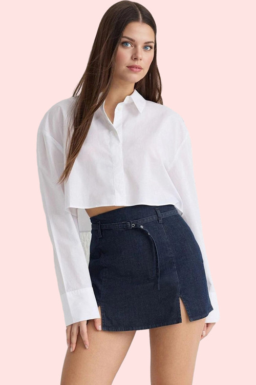 Kadın Yüksek Bel Kemerli Denim Şort Etek Boru Paça Düz Desen Günlük Stil Dayanıklı Malzeme