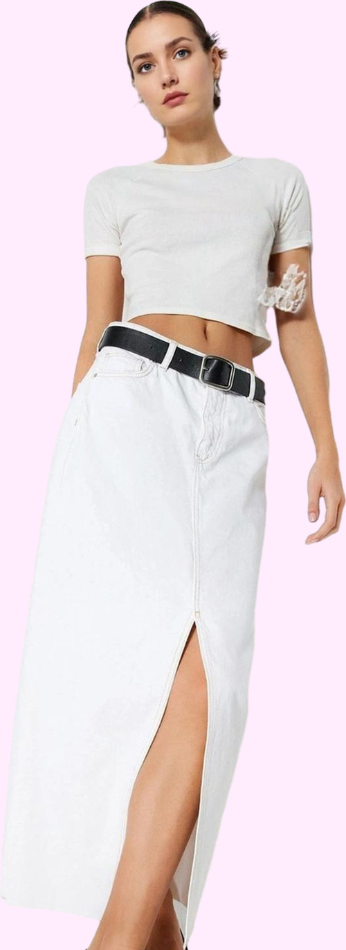 Moda Denim Düz Desen Günlük Maxi Boy Yırtmaçlı Maxi Denim Etek