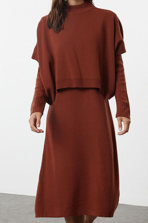 Moda Stil Oversize Dik Yaka Midi Boy Triko Süper Geniş Kalıp Süveterli Elbise