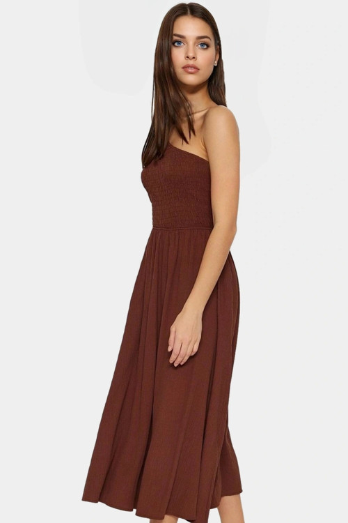 Asimetrik Yaka Midi Elbise Yazlık Şık Dokuma Modern Stil Dayanıklı Malzeme Uzun Ömürlü