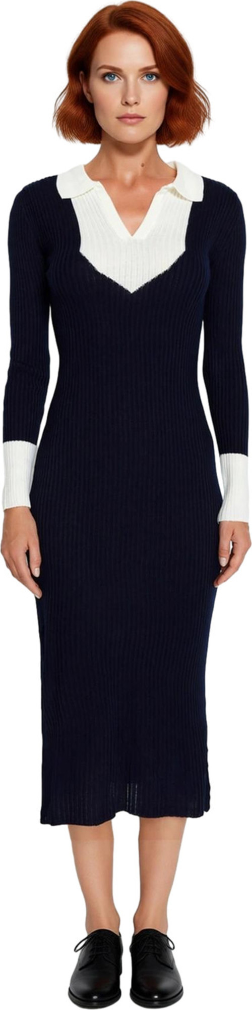 Moda Slim Casual Günlük Fitilli Triko Polo Yaka Uzun Kol Bodycone Midi Boy Elbise