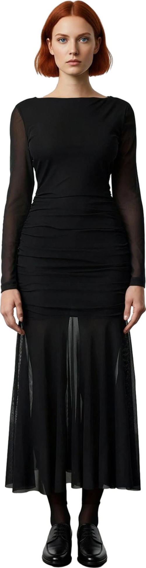 Moda Stil Fitted Kayık Yaka Midi Boy Vücuda Oturan Tül Elbise