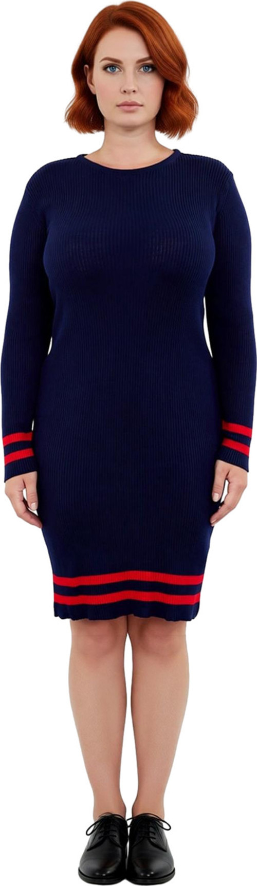 Moda Stil Fitted Bisiklet Yaka Mini Boy Büyük Beden Fitilli Triko Büyük Beden Elbise