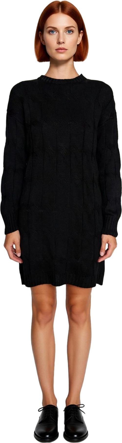 Moda Oversize Casual Günlük Çift Plaka Triko Bisiklet Yaka Uzun Kol Shift Mini Boy Elbise