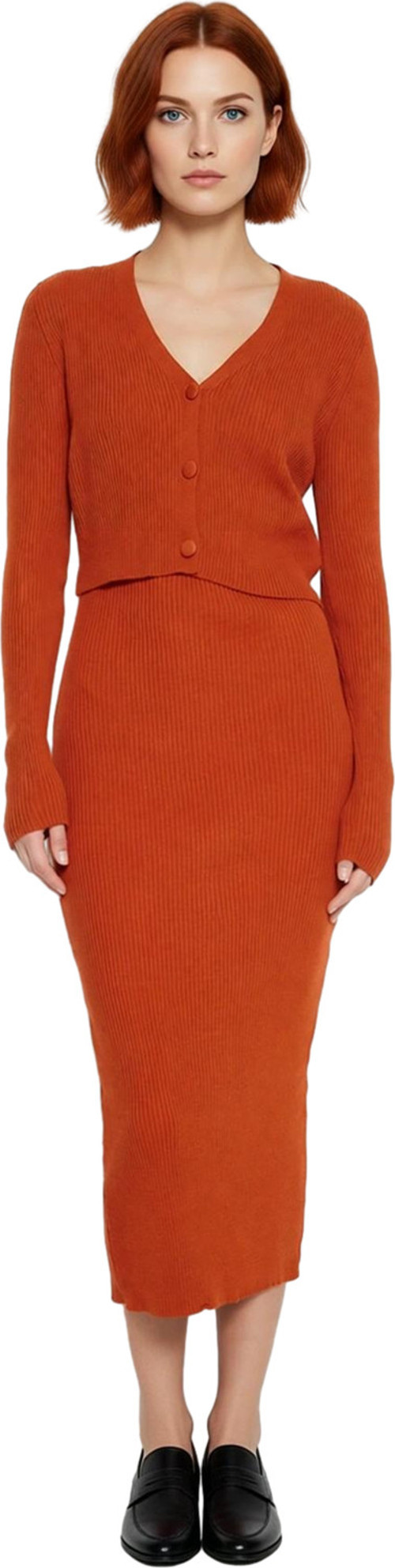 Moda Slim Casual Günlük Fitilli Triko V Yaka Uzun Kol Bodycone Midi Boy Elbise
