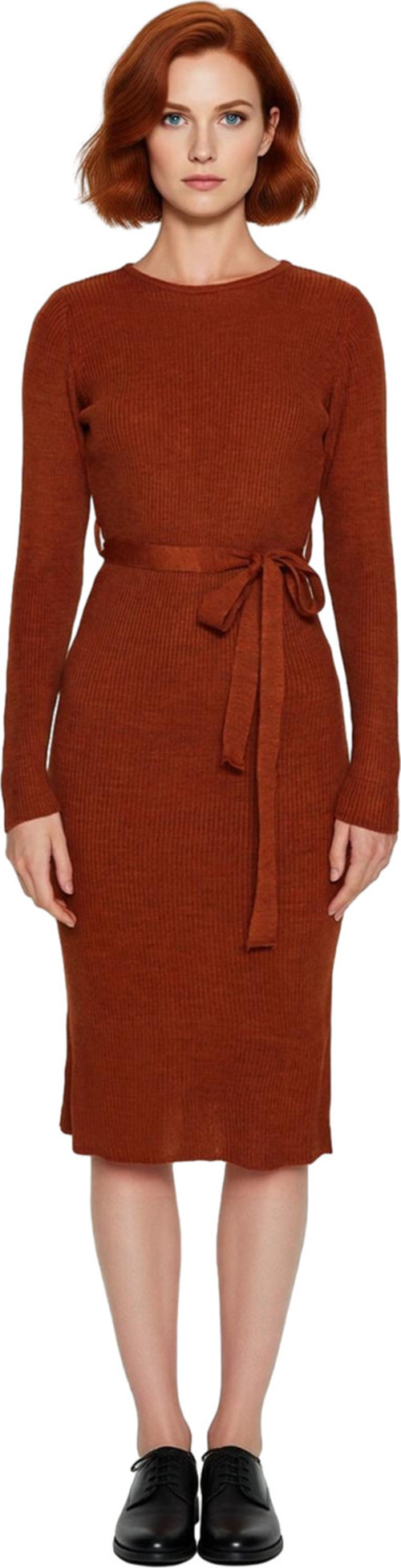 Moda Slim Casual Günlük Fitilli Triko Bisiklet Yaka Uzun Kol A-Line Midi Boy Elbise