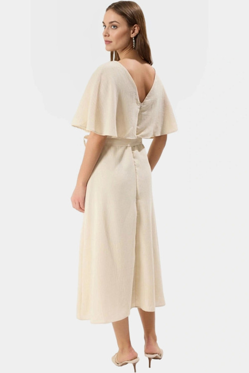 Pelerin Detaylı A Kesim Elbise Polyester Midi Boy Rahat Kalıp Trend Tasarım