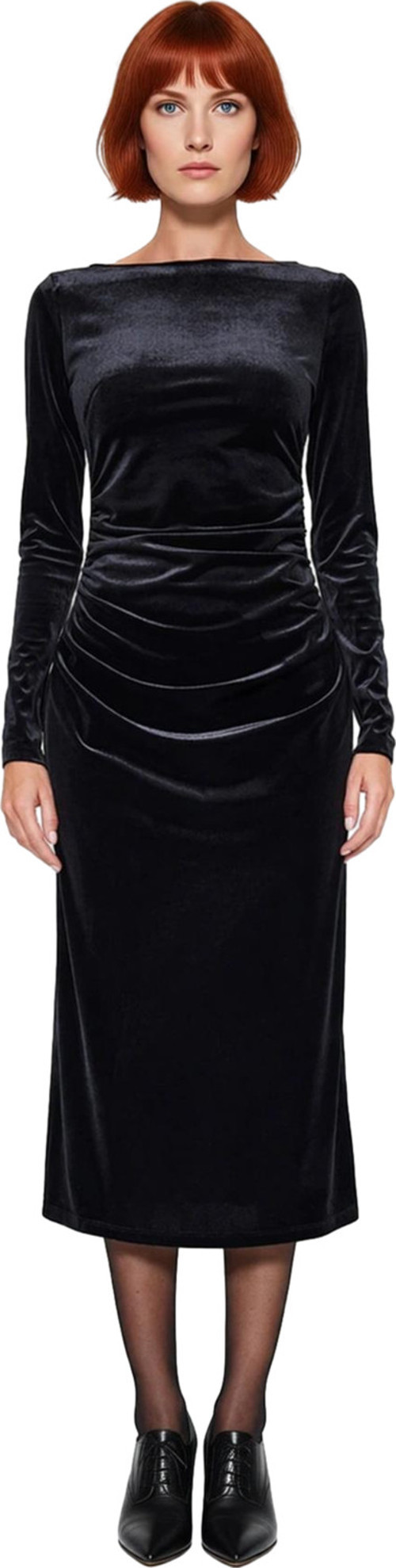 Moda Stil Slim Kayık Yaka Midi Boy Kadife Büzgülü Fitted Vücuda Oturan Esnek Örme Elbise