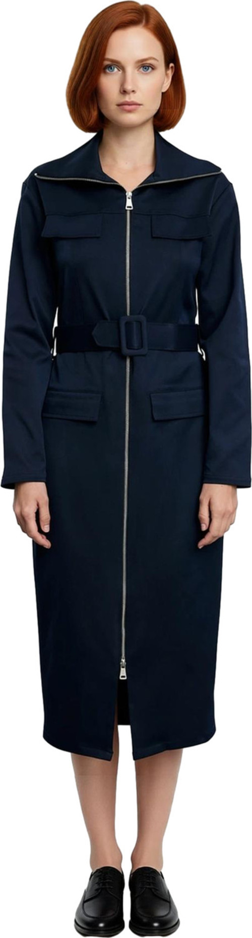 Moda Stil Regular Gömlek Yaka Midi Boy Fermuarlı Cep Detaylı Gabardin Kumaş Dokuma Gömlek Elbise