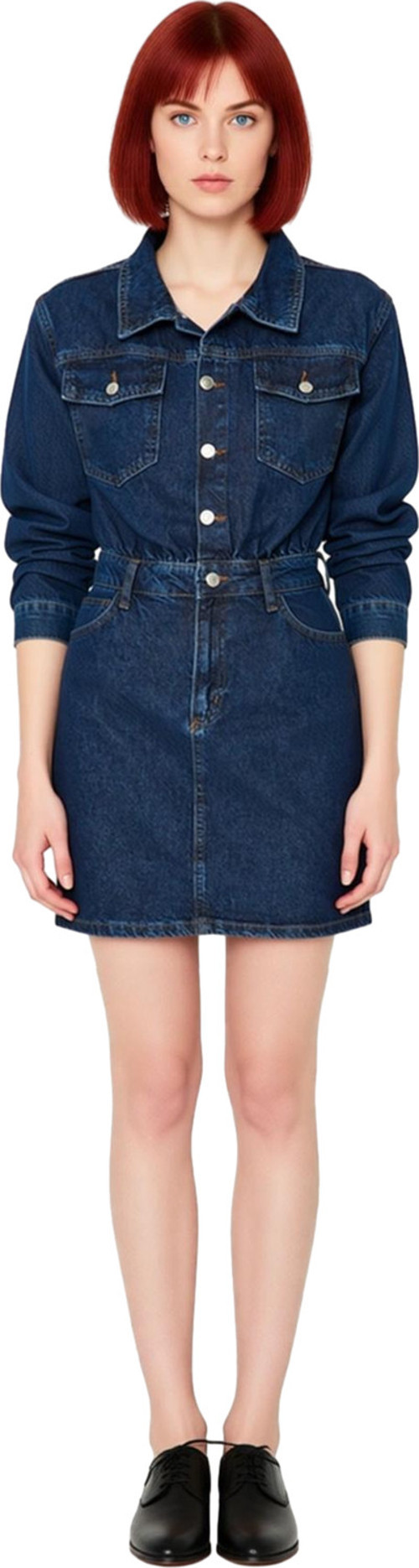 Moda Slim Şık Abiye Gece Rigid Denim Gömlek Yaka Truvakar Kol Kol Bodycone Mini Boy Elbise