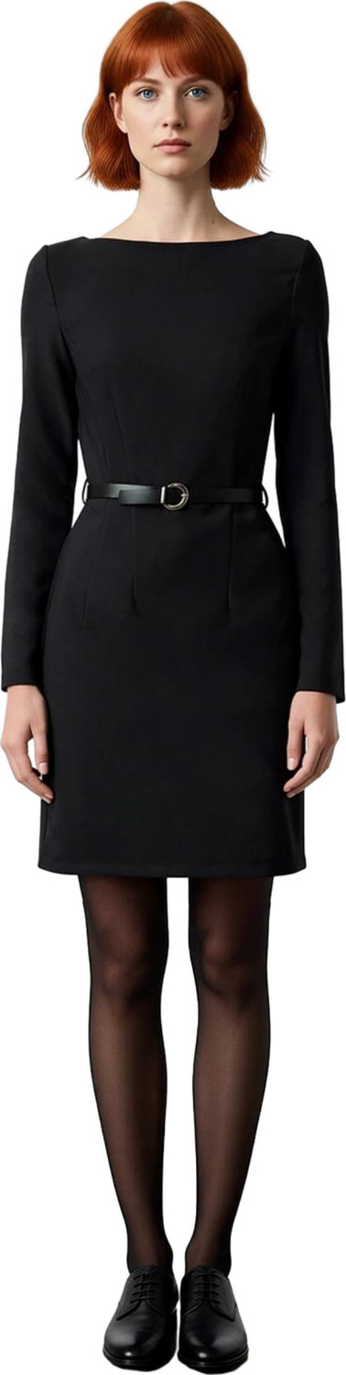 Moda Stil Fitted Kayık Yaka Mini Boy Kemerli Vücuda Oturan Dokuma Elbise