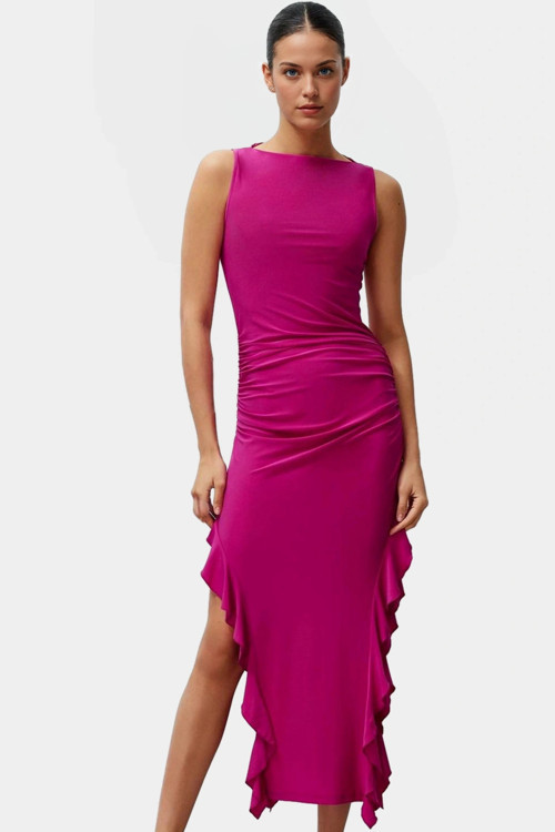 Bodycon Maxi Elbise Esnek Fırfırlı Kayık Yaka Yazlık Seçkin Malzeme Trend Tasarım