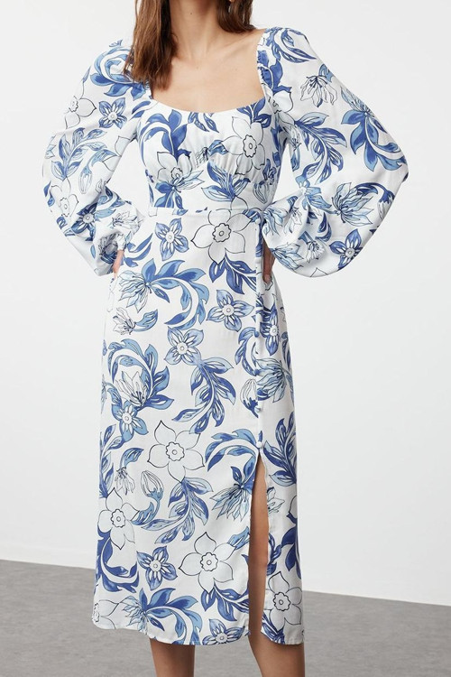 Moda Stil Regular Kalp Yaka Midi Boy Çiçek Desenli Dokuma Elbise