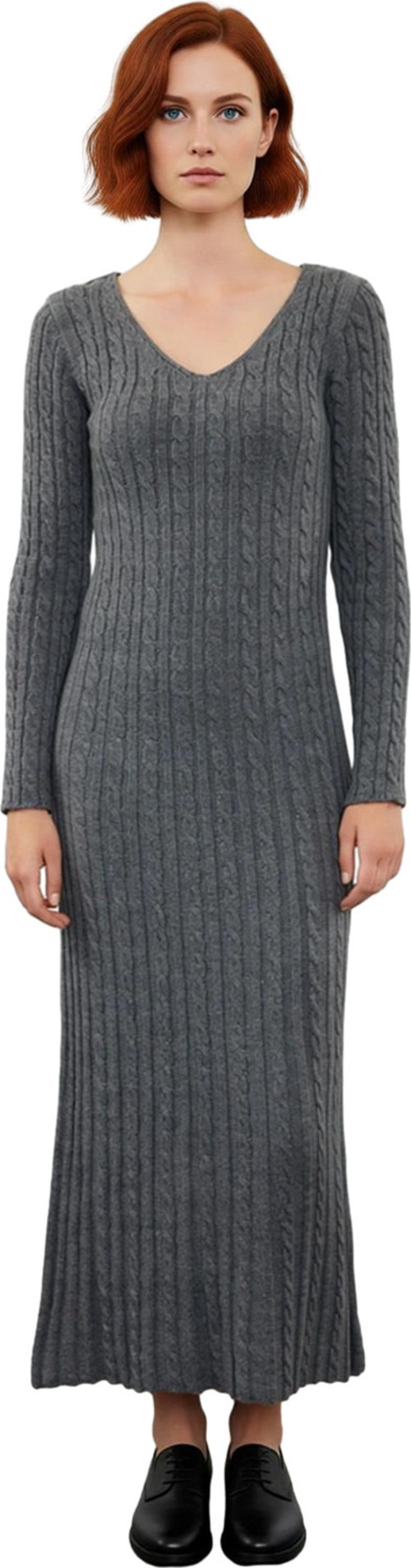 Moda Stil Regular V Yaka Maxi Boy Triko Saç Örgü Basic Elbise