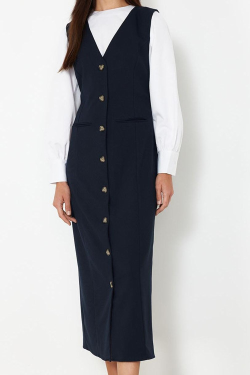 Moda Stil Regular V Yaka Maxi Boy Tesettür Dokuma Kumaş Jile Elbise